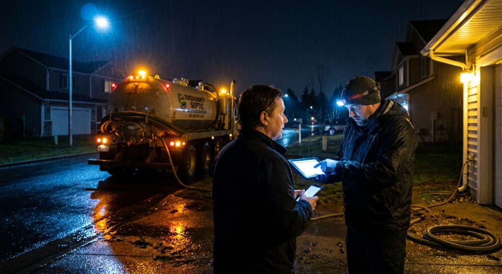 Emergency septic pumping service team assisting homeowners with septic system issues at night
